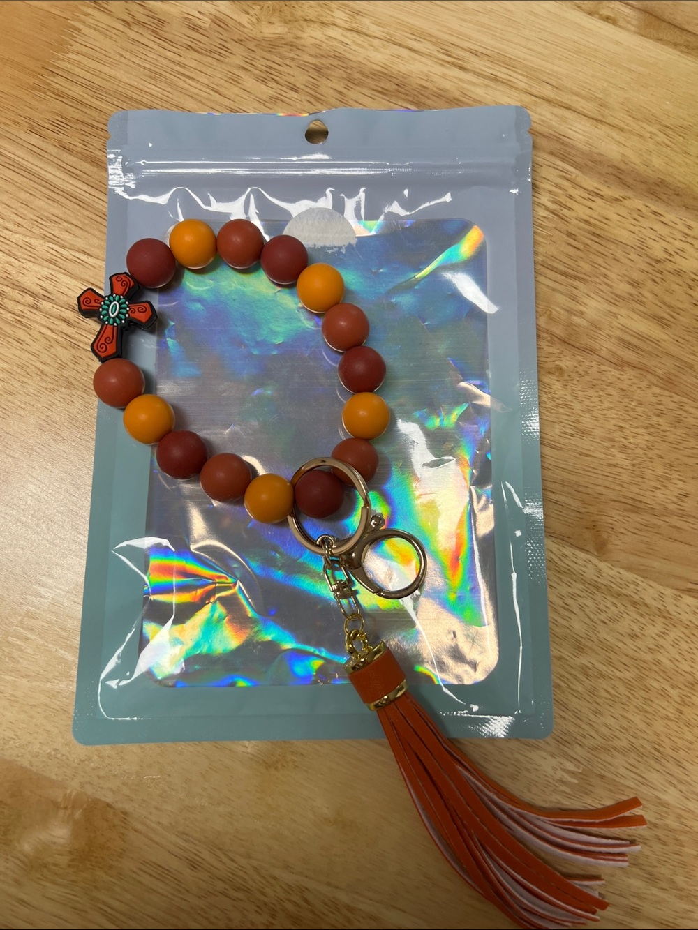 Beaded Wrist Keychain with Orange & Brown Tassel